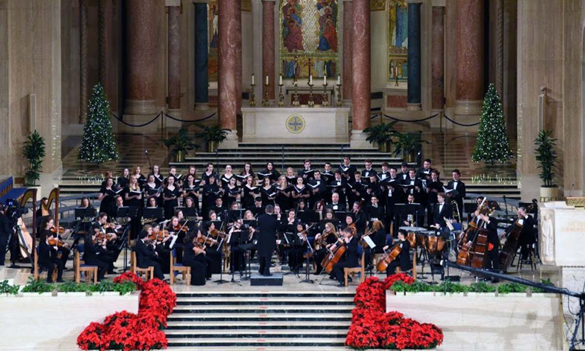 the CUA orchestra performs at a past Christmas concert in the Basilica